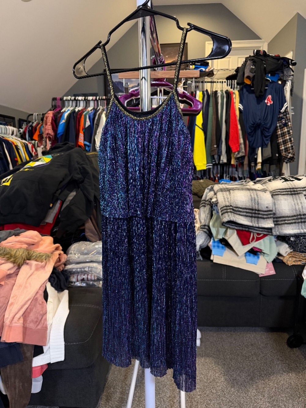 Audrey 3+1 Metallic Pleated Midi Dress Women’s Small Purple Blue Party Cocktail